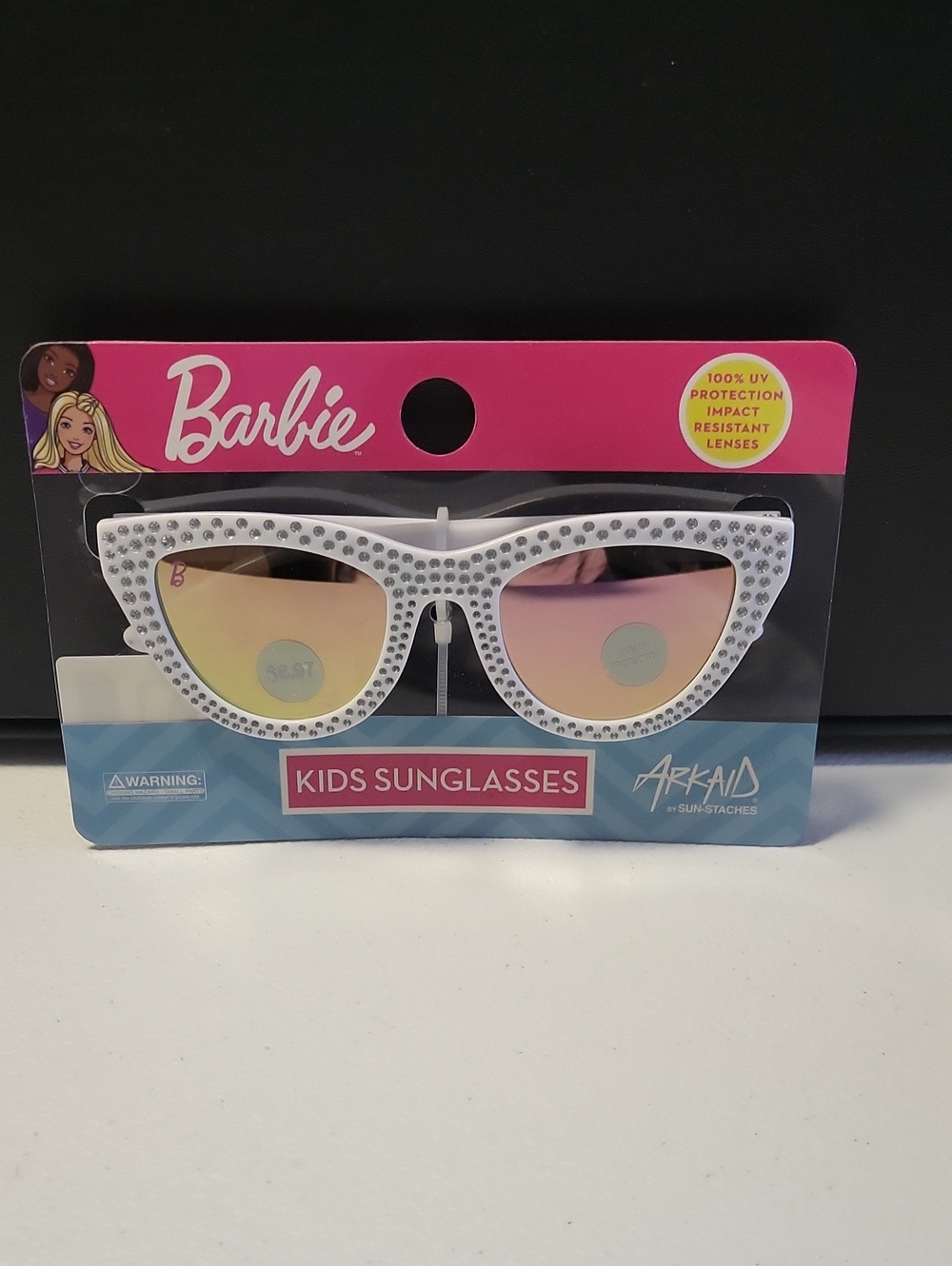Barbie Kids White Rhinestone Sunglasses - Pink Mirror Lenses